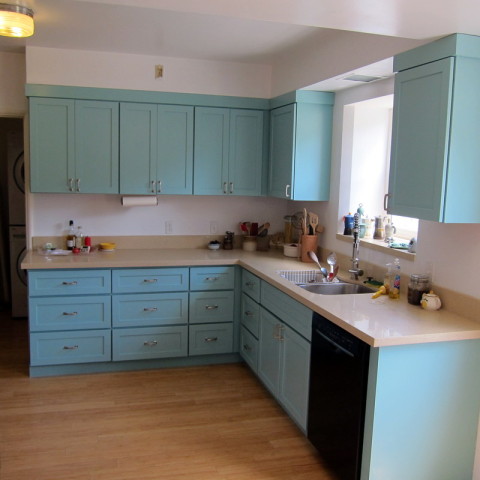 New cabinets, sink, dishwasher, floor, etc.