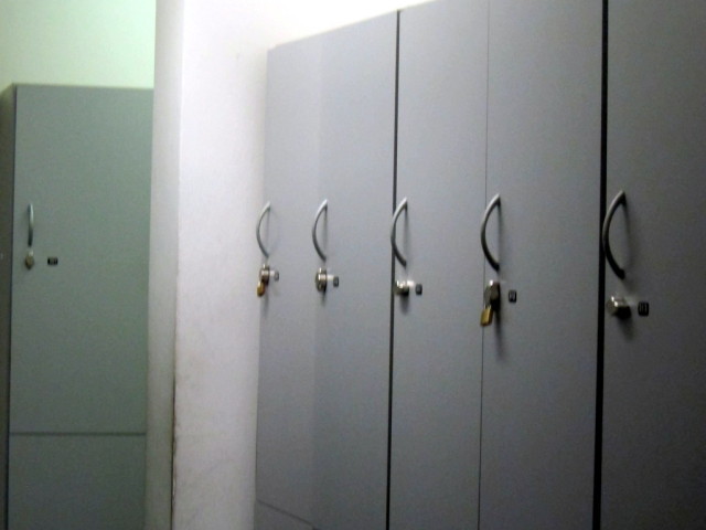 The lockers are downstairs - curious arrangement, no?